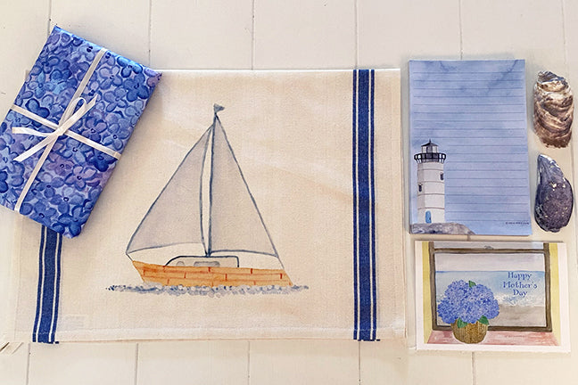 sailboat towel, lighthouse pad, Mother's Day card