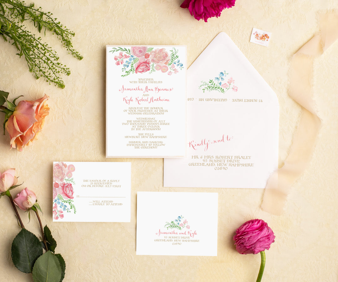 peony bouquet wedding invitation suite