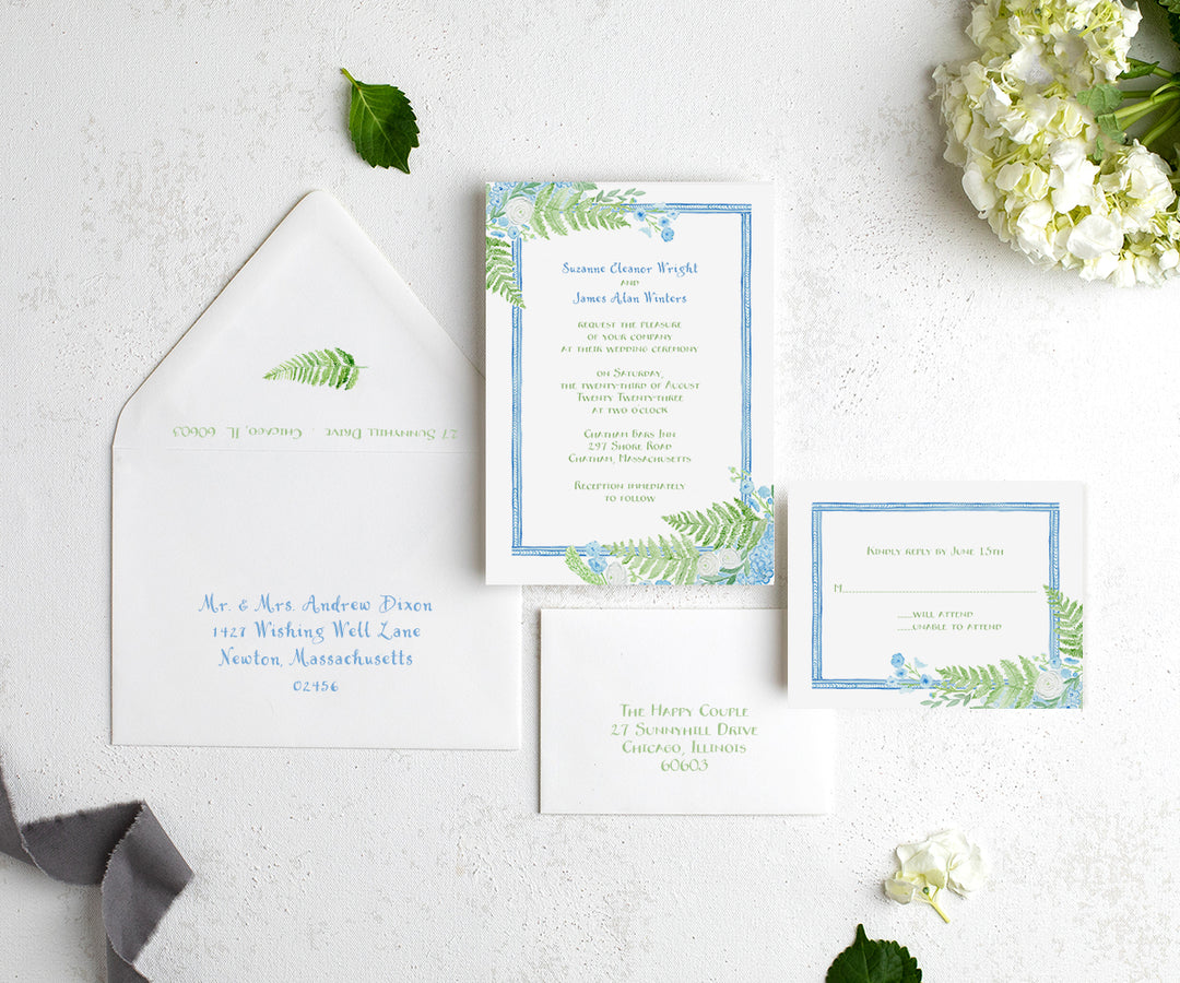 Blue Border with Ferns Wedding Invitation