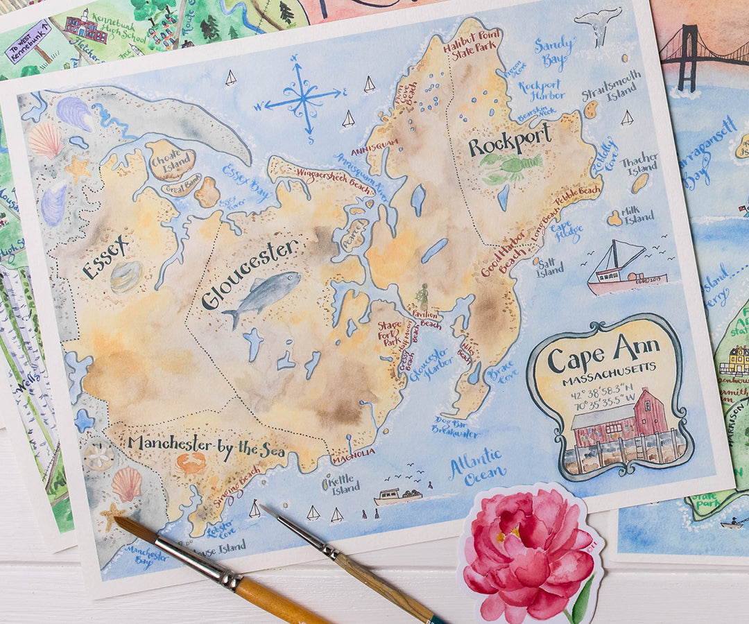 watercolor map of Cape Ann MA