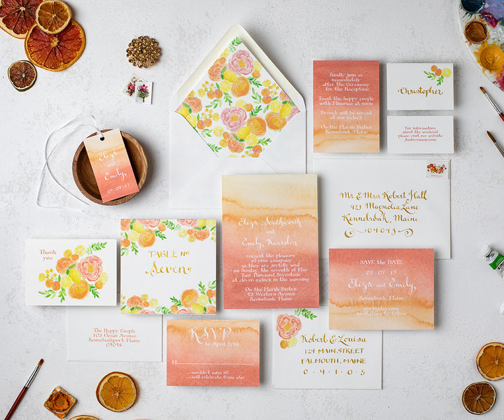 Coral Ombre wedding invitation suite