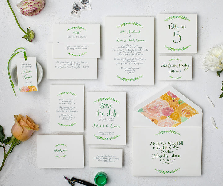 Encircled with Greens wedding invitation