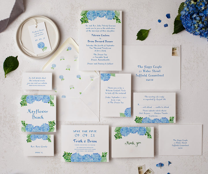 Hydrangea and Greens Wedding invitation