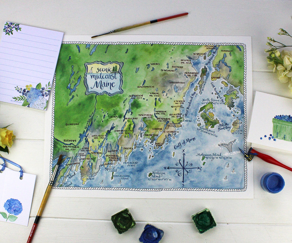 watercolor map of Midcoast Maine