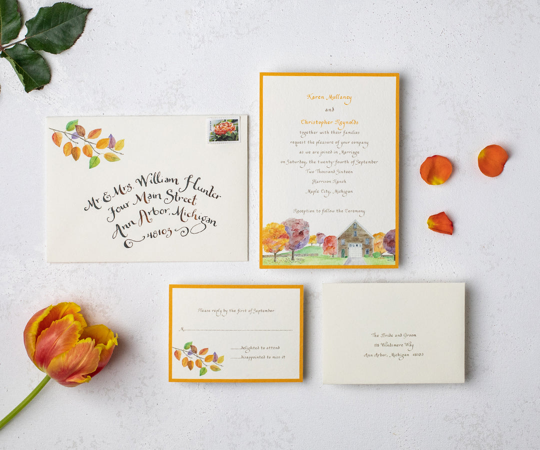 autumnal barn wedding invitation