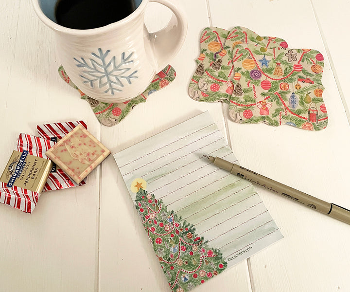 Merry Ornaments coasters and beautiful tree notepad