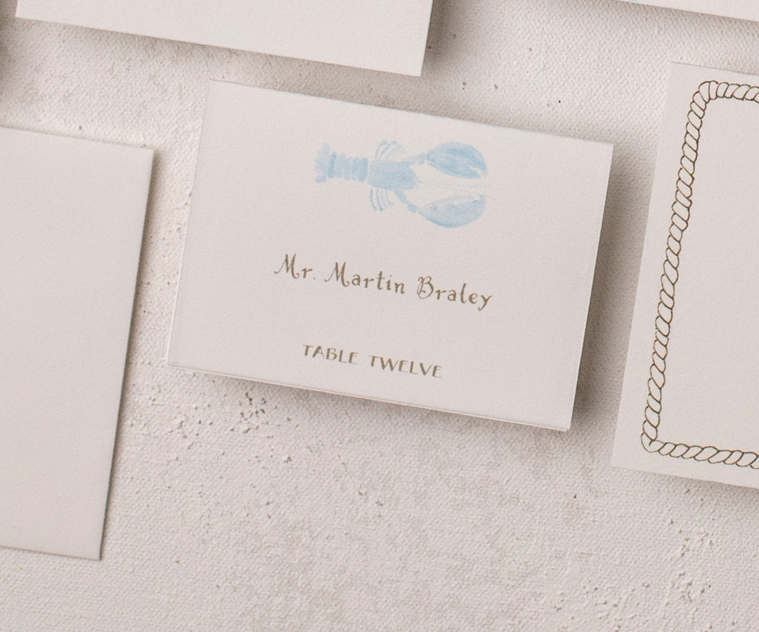 blue lobster wedding place card photo by Jenn Bakos