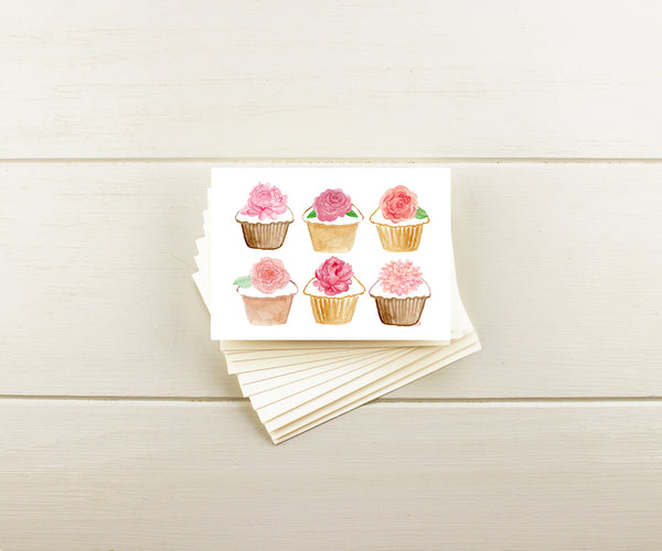 Pink Floral Cupcakes Note Cards