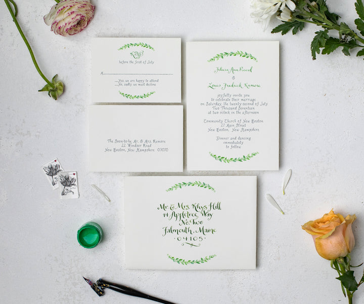 Encircled with Greens wedding invitation