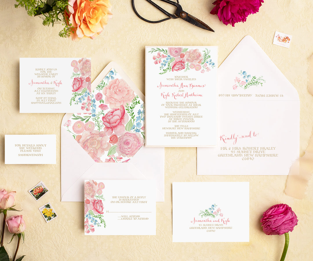 peony bouquet wedding invitation