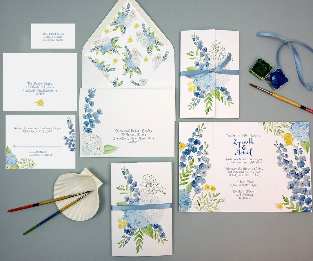 delphinium hydrangea wedding invitation suite