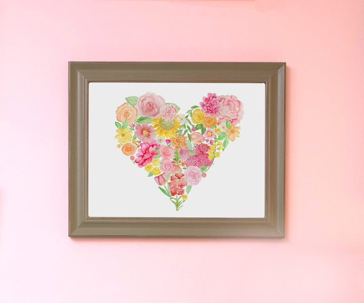 watercolor floral heart print