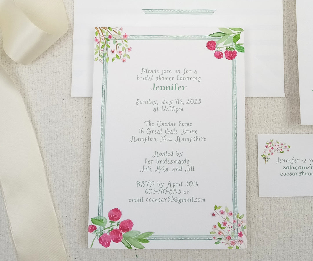 Raspberries and cherry blossom invitation