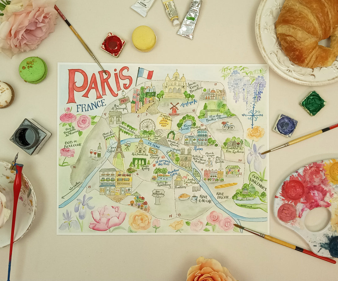 Watercolor map of Paris France