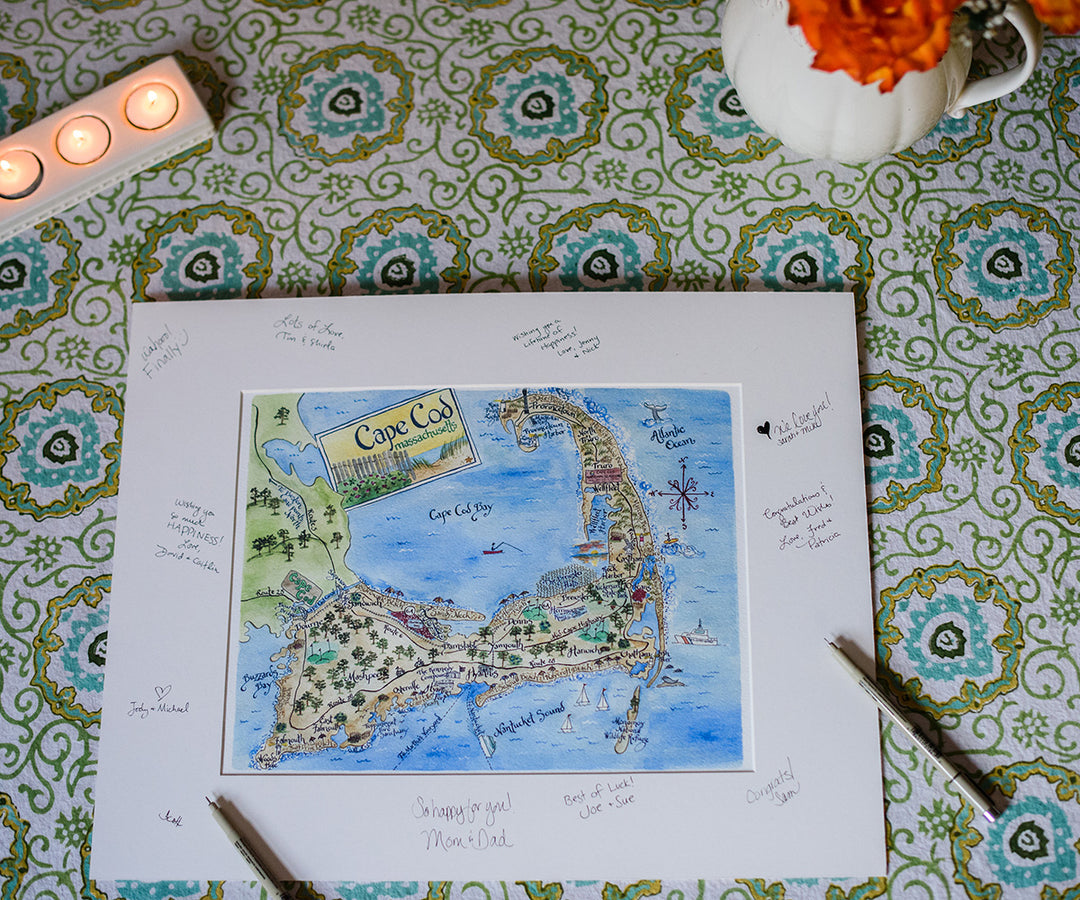 watercolor map of Cape Cod MA wedding sign in board