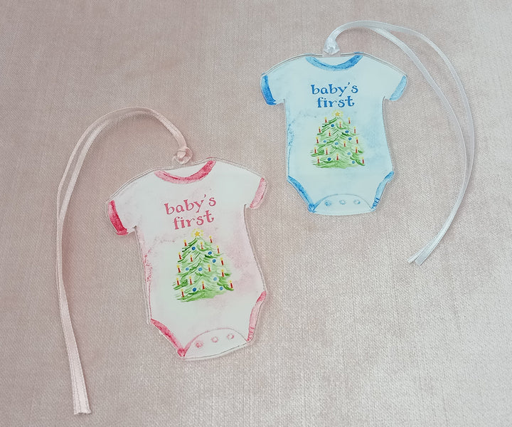 Pink and blue baby's first Christmas ornament