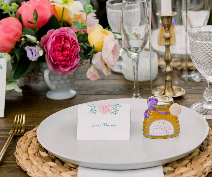 pale pink peony & blueberry place card by Kate Preftakes