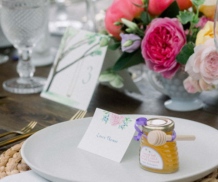 pale pink peony & blueberry place card by Kate Preftakes