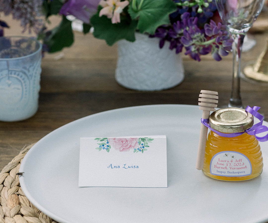 pale pink peony & blueberry place card by Kate Preftakes