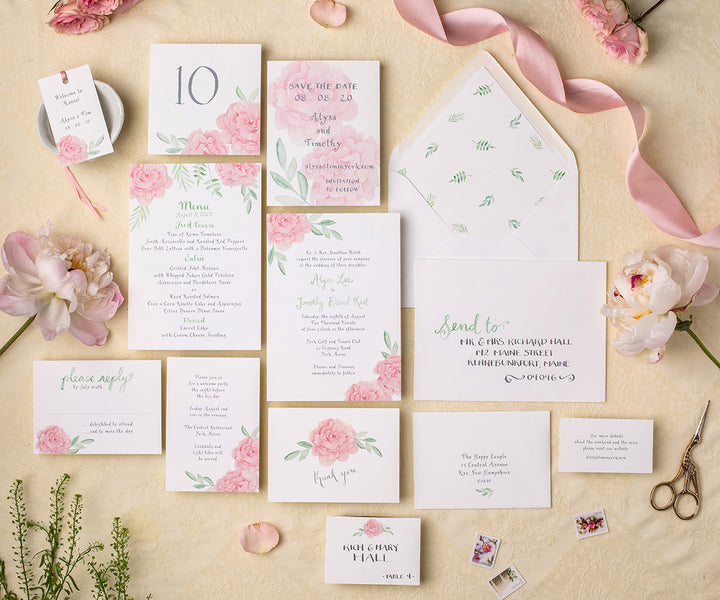 Peony and greens wedding invitation