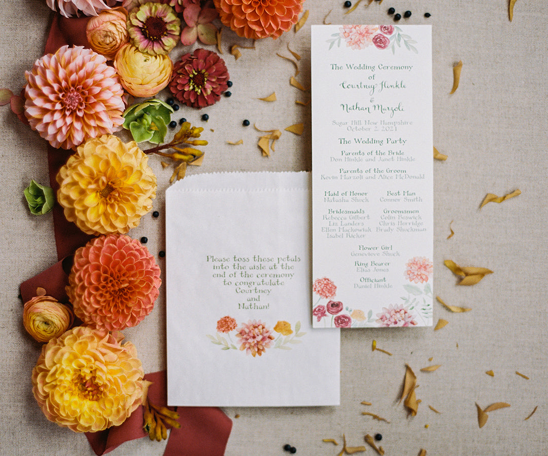 Autumn ceremony program with petals bag