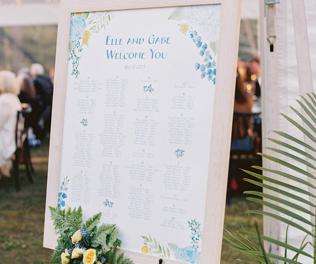 Delphinium and Hydrangea wedding seating chart photo by Kate Preftakes