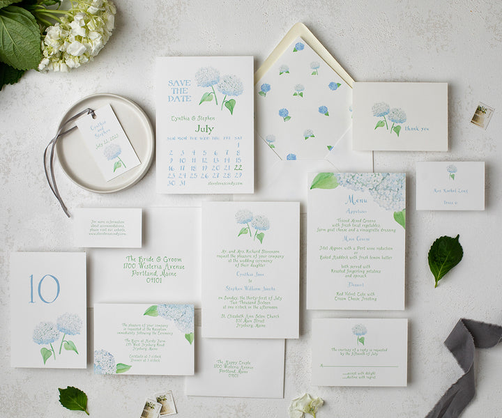 White Hydrangea wedding invitation suite