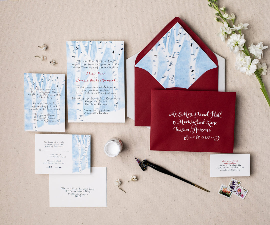 Winter birches wedding invitation