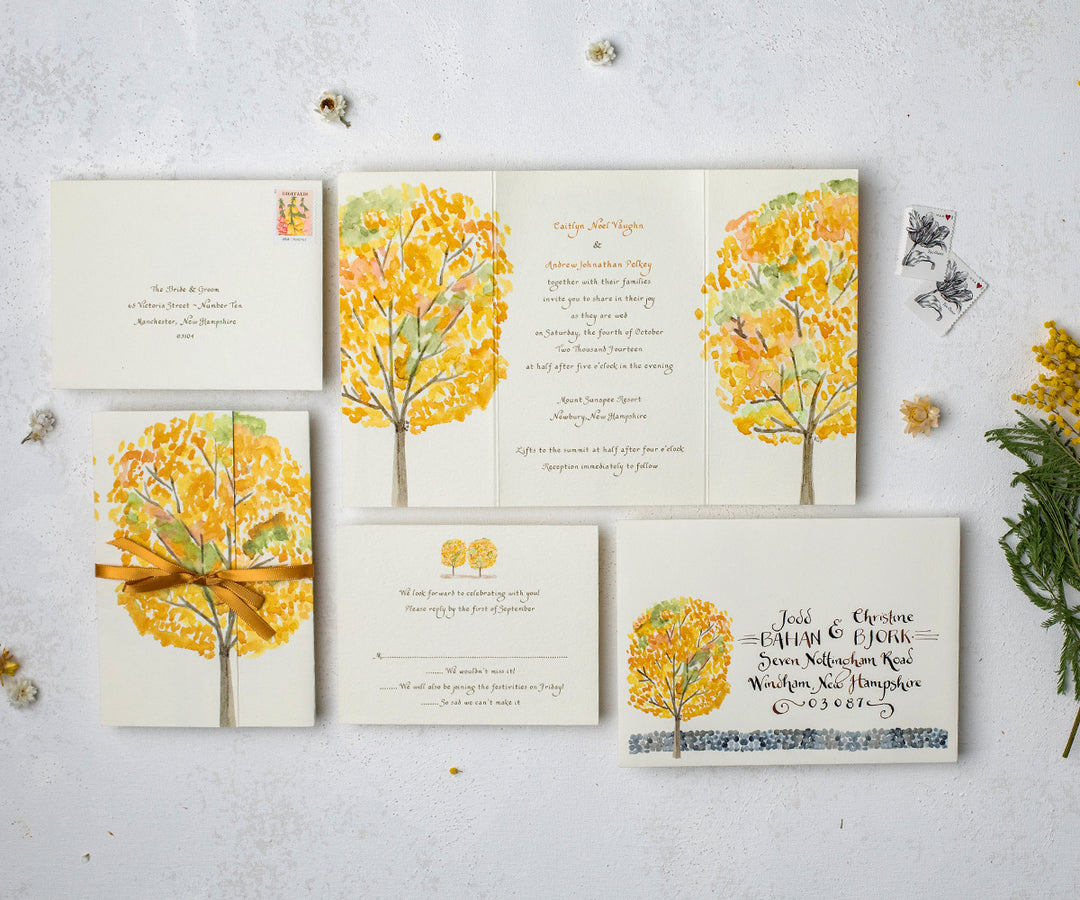 Yellow autumn trees wedding invitation