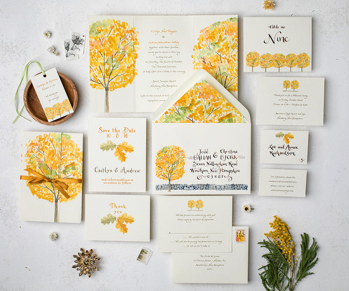 Yellow autumn trees wedding invitation