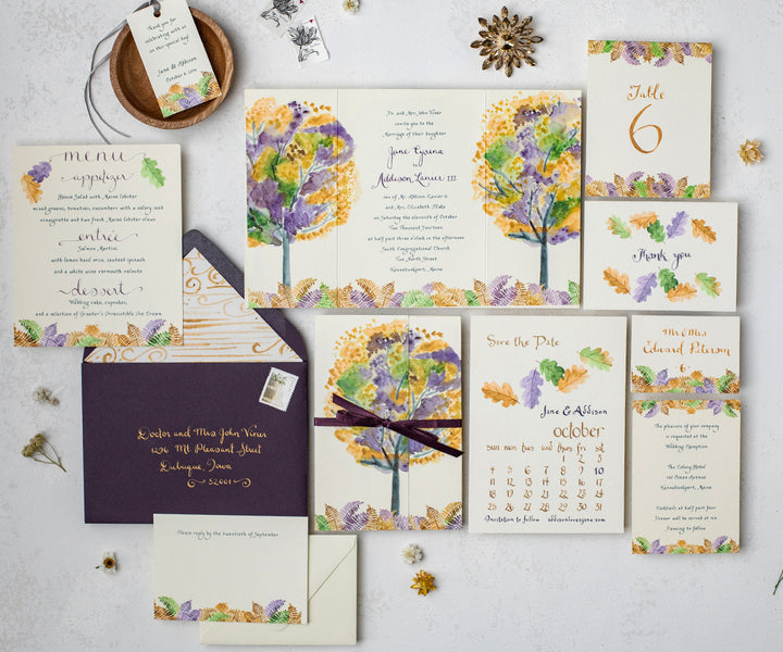 Autumn leaves with ferns wedding invitation full suite