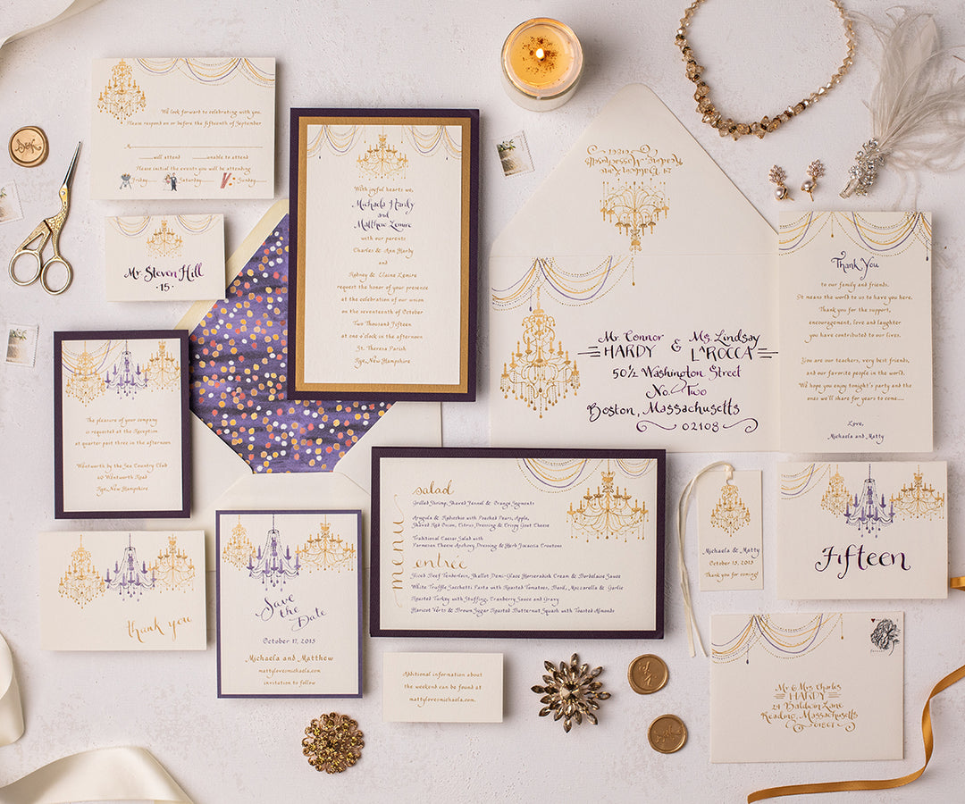 Gold chandelier wedding invitation