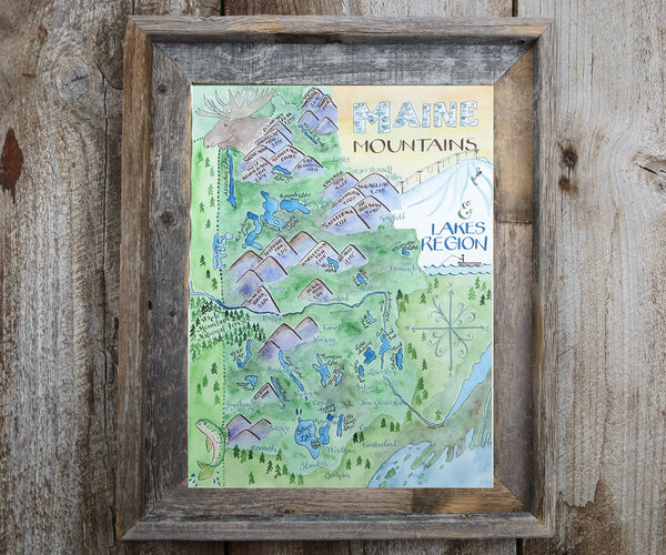 Map Of Maine Mountains Lakes Region El S Cards   ME Lakes Framed Grande 