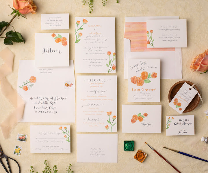 Orange spray roses wedding invitation full suite