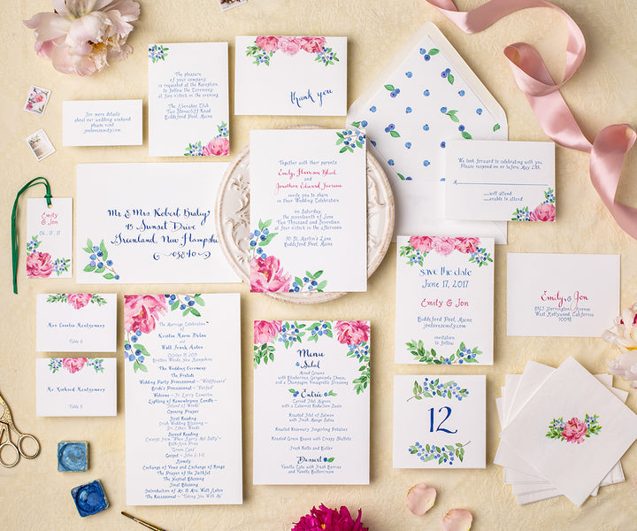 Peony Blueberry wedding invitation