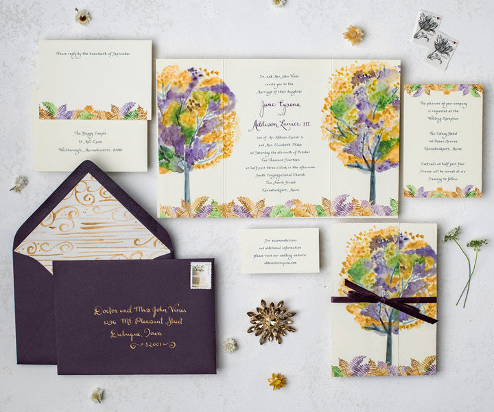 Autumn trees with ferns wedding invitation