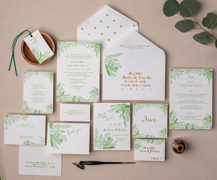 flourishing greens wedding invitation