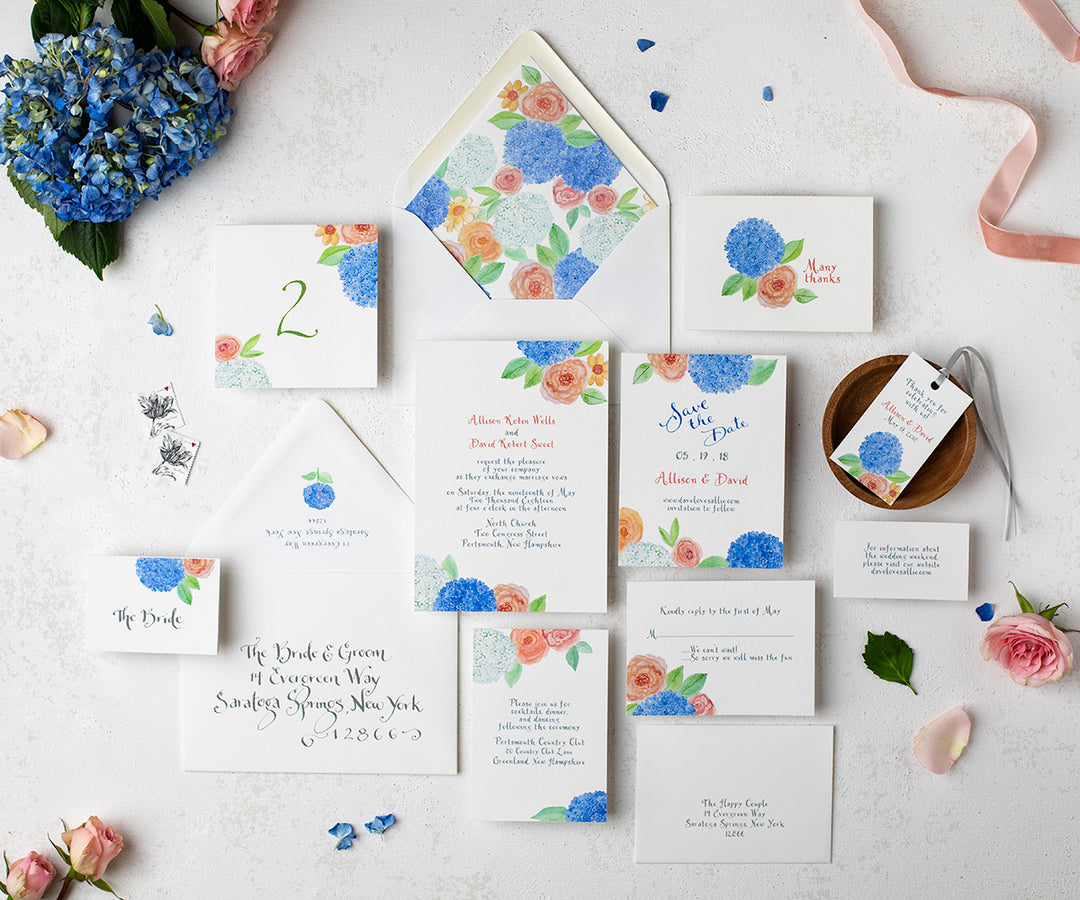 hydrangeas and roses wedding invitation entire suite