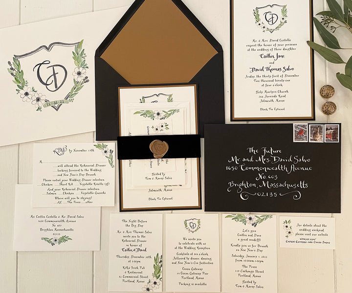 anemone and greenery wedding crest