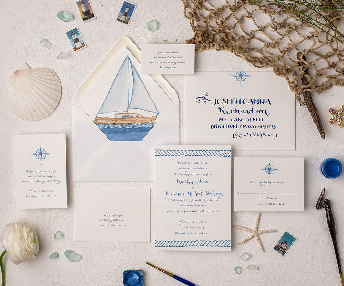 Navy Nautical Wedding Invitation Suite - Hand drawn - customize in ANY COLOR! - Sailboat popular - Ship - Knot - Marina Suite