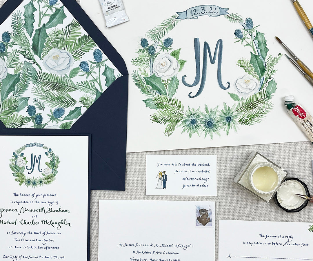 winter greens wedding crest